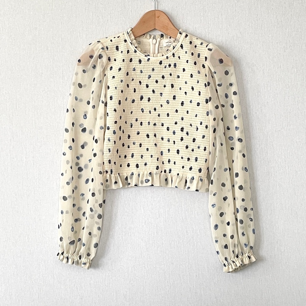 Aritzia Cream Blouson Sleeve Smocked Top with Navy Dot Print - Picture 3 of 10